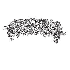Wreath of wildflowers, daisies and poppies, hand drawn doodle, sketch in woodcut style, black and white vector illustration
