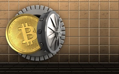 3d bitcoin over golden wall