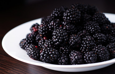 Fresh blackberries in a white bowl on dark background