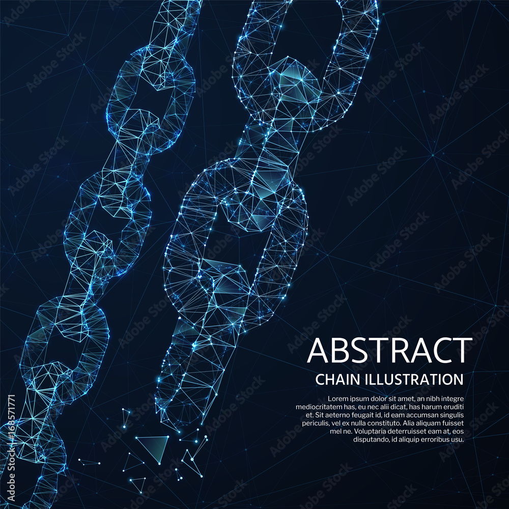 Poster chain links 3d network vector abstract concept with polygon shapes and light mesh points
