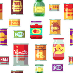 Canned goods and food in metal container vector seamless pattern
