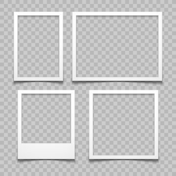 Photo frames with realistic drop shadow vector effect isolated. Image borders with 3d shadows