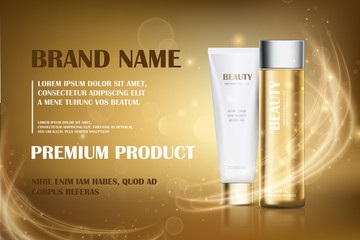 Gold essence, golden translucent bottle hair oil with white cosmetic tube design on a gold shiny background with bokeh and lighting flare effect