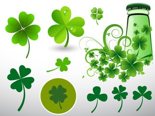 Patrick's Day Clover Leaves with Beer Bottle Vector icons