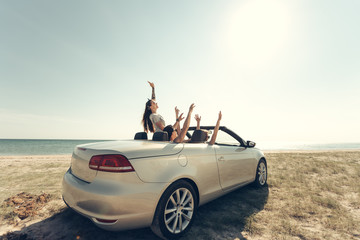 Smiling friends driving car near the sea and having fun