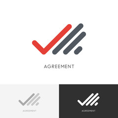 Agreement checkmark logo - hand with check mark or tick symbol. Business, contract and deal vector icon.