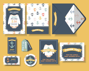 Set of baby showers with marines style. Colorful Concept.Birthday invitation card..Vector/Illustration