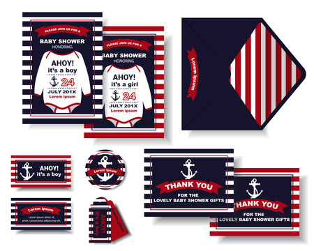 Set of Nautical baby shower party invitation card.Marine style.Navy,Red,White Color tone Vector/Illustration