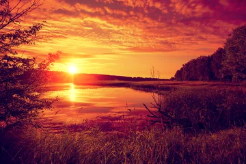Fotobehang Early morning, sunrise over the lake. Misty morning, rural landscape, wilderness, mystical feeling © vvvita
