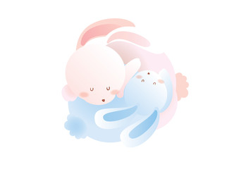 soft cute rabbit couple sleep hug illustration vector