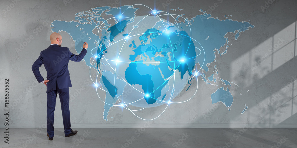 Wall mural businessman using digital planet earth interface on a wall 3d rendering