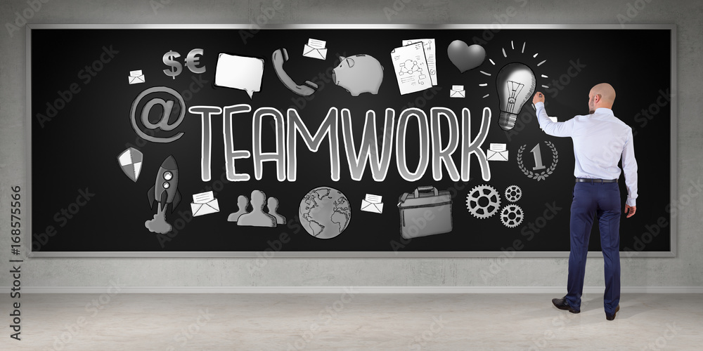Poster Businessman drawing teamwork sketch on a board 3D rendering