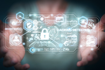 Businesswoman hacking security system 3D rendering