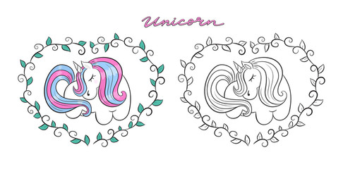 Color cute unicorn, outline, contour. Print Design for children, baby on a T-shirt, postcard.
