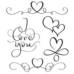 I love you text with hearts on white background. Hand drawn Calligraphy lettering Vector illustration EPS10