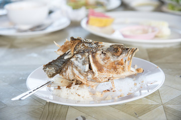 Head Skeleton of fried fish on dish, It's Delicious food