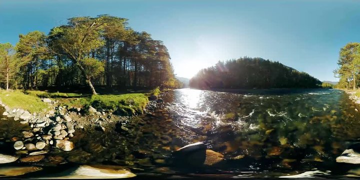 4K 360 VR Virtual Reality of a river flows over rocks in this beautiful scene in the Altay mountains forest in autumn or summer end.