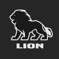 Angry lion, monochrome logo on a dark background.