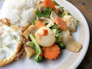 mixed fried vegetable tofu with rice and fried egg in white dish on wooden background. Vegetarian Food, healthy food.