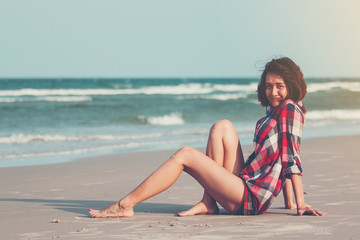 Fototapeta premium woman playing and walking in sea and beach at summer 