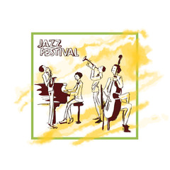 Poster for jazz concert. Jazz band plays on the background of abstract yellow watercolor stain. Vector illustration in sketch style, isolated on white background.