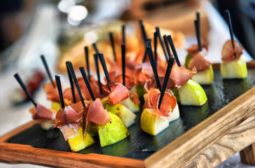 Catering service. Restaurant table with food at event.