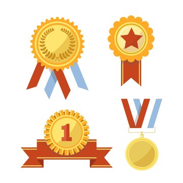 Gold awards and medals with ribbons illustrations set