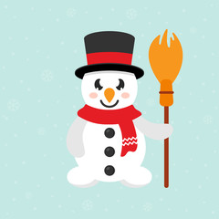cartoon cute snowman with broom