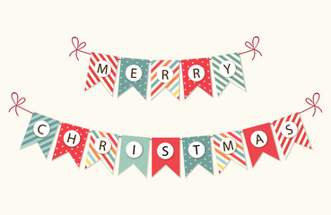 Fototapeta na wymiar Festive bunting flags with letters Merry Christmas in traditional colors