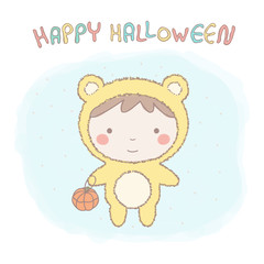 Colorful vector illustration of adorable little girl in teddy bear costume for Halloween