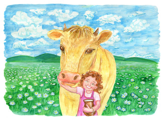Cow with little girl holding jar of milk on the field
