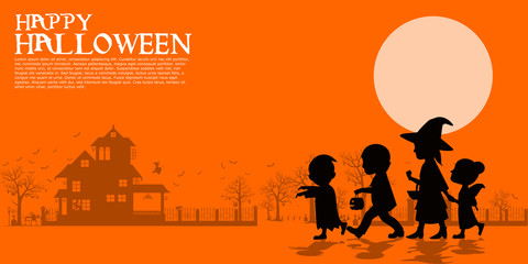 Fototapeta premium Composition of silhouette children in the halloween night 