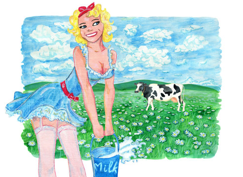 Beautiful pinup girl with bucket of milk against the background with field
