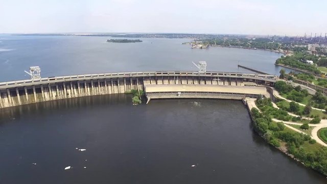 Aerial view of the dam on the large Dnipro river in the Zaporizhya city