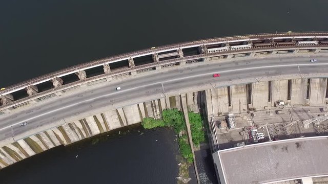 Aerial view of the dam on the large Dnipro river in the Zaporizhya city
