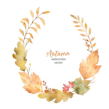Watercolor vector wreath of leaves and branches isolated on white background.