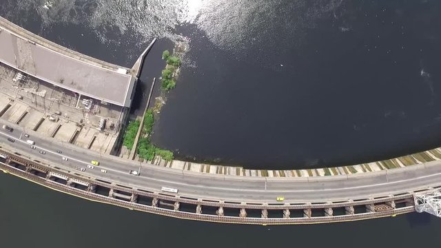 Aerial view of the dam on the large Dnipro river in the Zaporizhya city