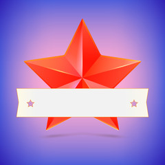 Red star with white ribbon on colored background. Symbol of victory in competitions or contests, template for your design. Golden icon of star, 3D illustration