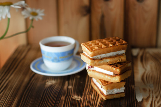 Viennese waffles and a cup of tea for breakfast