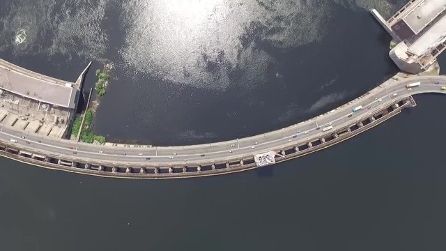 Aerial view of the dam on the large Dnipro river in the Zaporizhya city