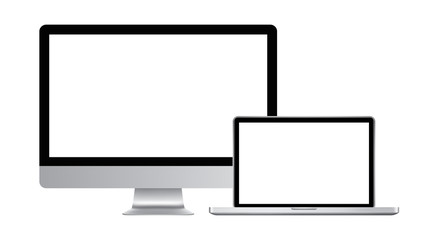 Realistic modern computer monitor and laptop computer with blank screen isolated on white background vector illustration