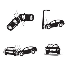 Obraz premium Rozbite samochody wektor Zestaw ikon wypadków samochodowych