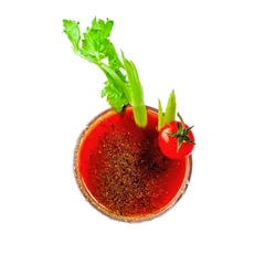  Classic bloody mary in a glass isolated on a white background. Alcoholic drink made of tomato juice, vodka, pepper, salt, lemon juice, celery and other flavorings. © Maxim Khytra