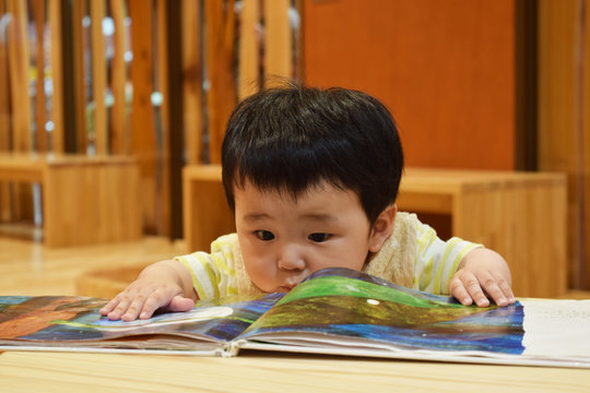 食い入るように絵本を読む男の子の赤ちゃん