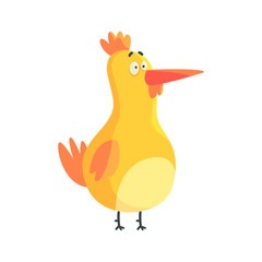 Cute yellow funny chicken standing colorful character vector Illustration
