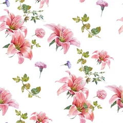 Tuinposter Watercolor painting of leaf and flowers, seamless pattern on white background © photoiget