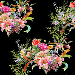 Watercolor painting of leaf and flowers, seamless pattern on dark background