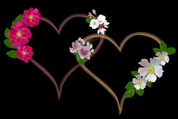 two heart symbols from flowers isolated on black