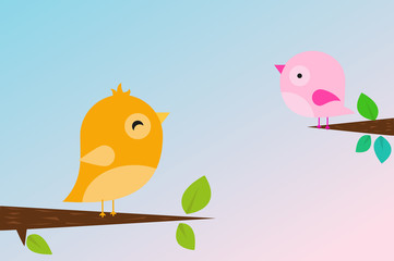 Yellow and pink birds sitting on the branches. vector illustration.