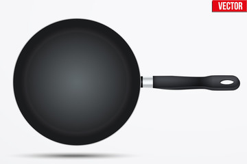 Classic Metal black non-stick frying pan with handle. Top view and round shape. Kitchen and domestic symbol. Vector Illustration isolated on background.